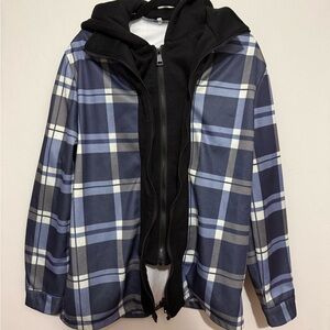 Blue Plaid Jacket with Black Hoodie Double Zip